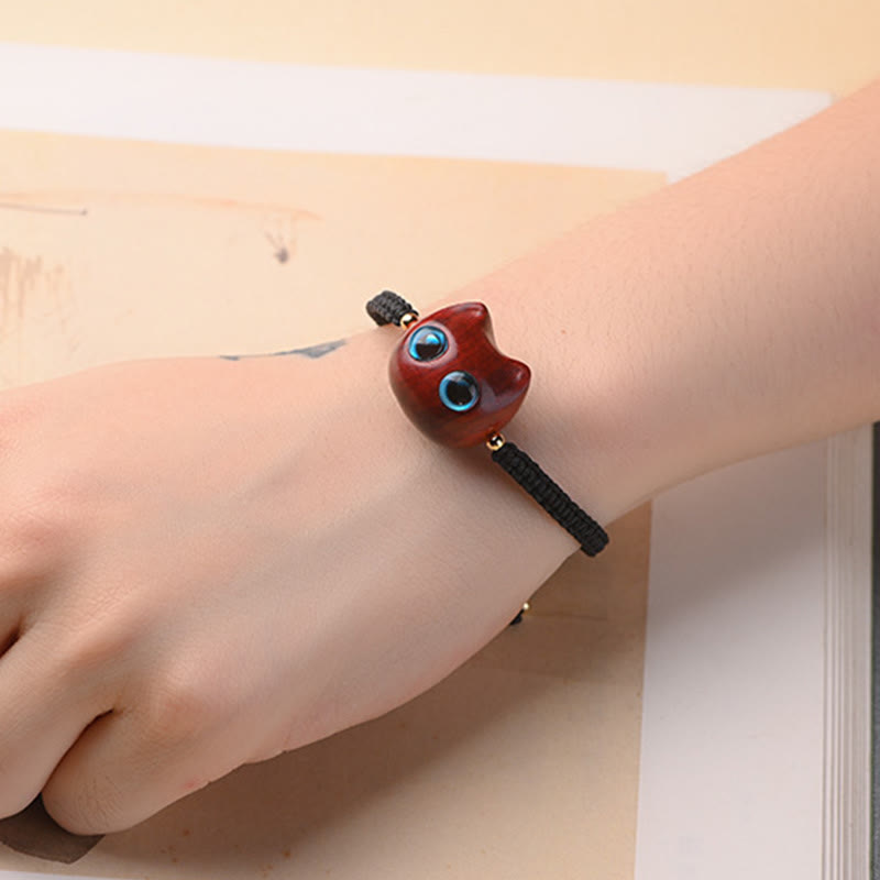 Buddha Stones Small Leaf Red Sandalwood Ebony Wood Cute Cat Head Calm Protection Braided Bracelet - image 5