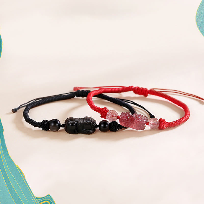 Buddha Stones Handmade Natural Silver Sheen Obsidian Strawberry Quartz PiXiu Protection Braided Bracelet - image 4