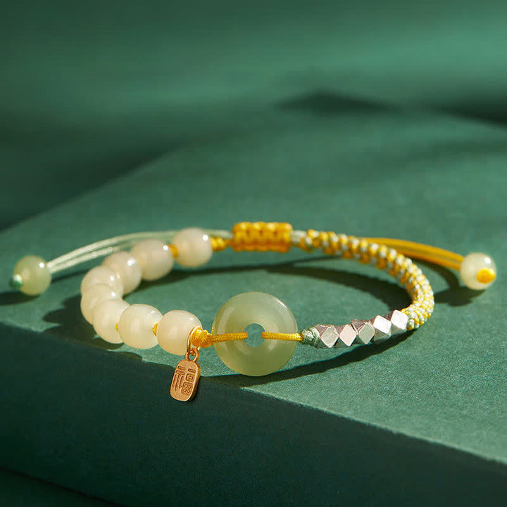 Buddha Stones 925 Sterling Silver Hetian Jade Peace Buckle Beaded Luck Happiness Charm Bracelet - Yellow - image 1