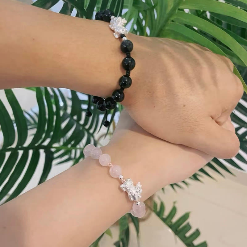 Buddha Stones Natural Black Obsidian Cat's Eye Pink Crystal PiXiu Strength Bracelet - image 11