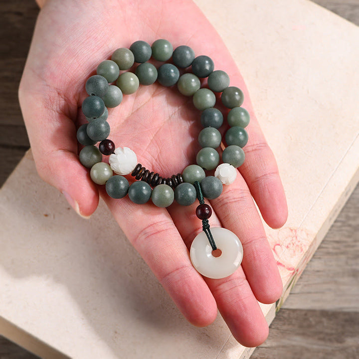 Buddha Stones Cyan Bodhi Seed Lotus Jade Peace Buckle Wisdom Double Wrap Bracelet - image 3
