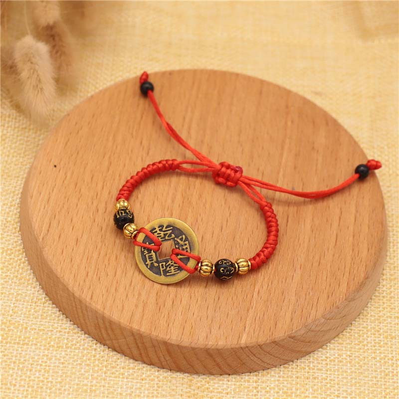 Buddha Stones Copper Coin Fortune Red String Weave Bracelet - Six-character Mantra(Bracelet Size 14-20cm) - image 0