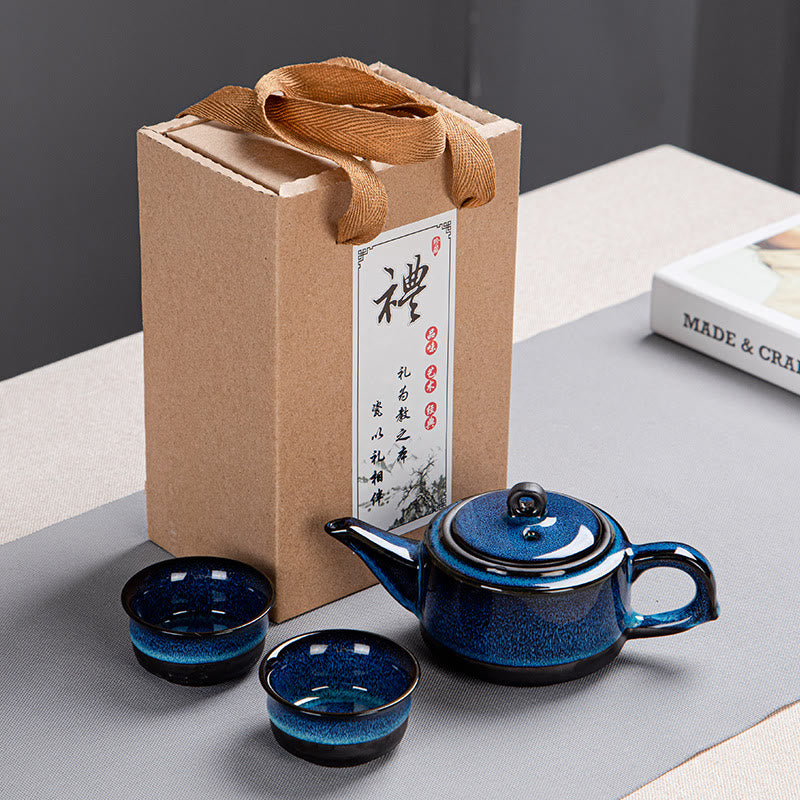 Buddha Stones Blue Gradient Color Chinese Gongfu Tea Ceramic Teapot Portable Gift Bag Box Set - 1 Teapot With 2 Cups Box - image 1