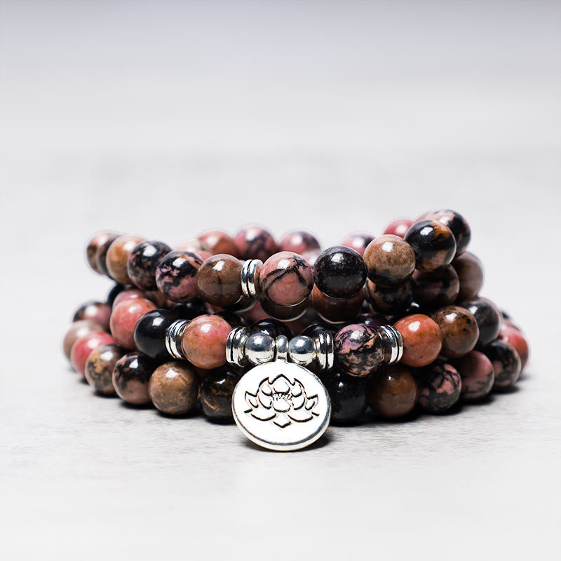 Buddha Stones 108 Mala Beads Rhodonite Lotus Compassion Energy Bracelet - image 1