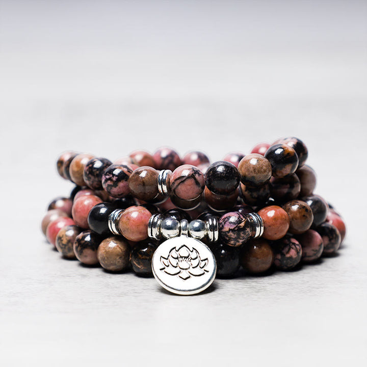 Buddha Stones 108 Mala Beads Rhodonite Lotus Compassion Energy Bracelet - image 1