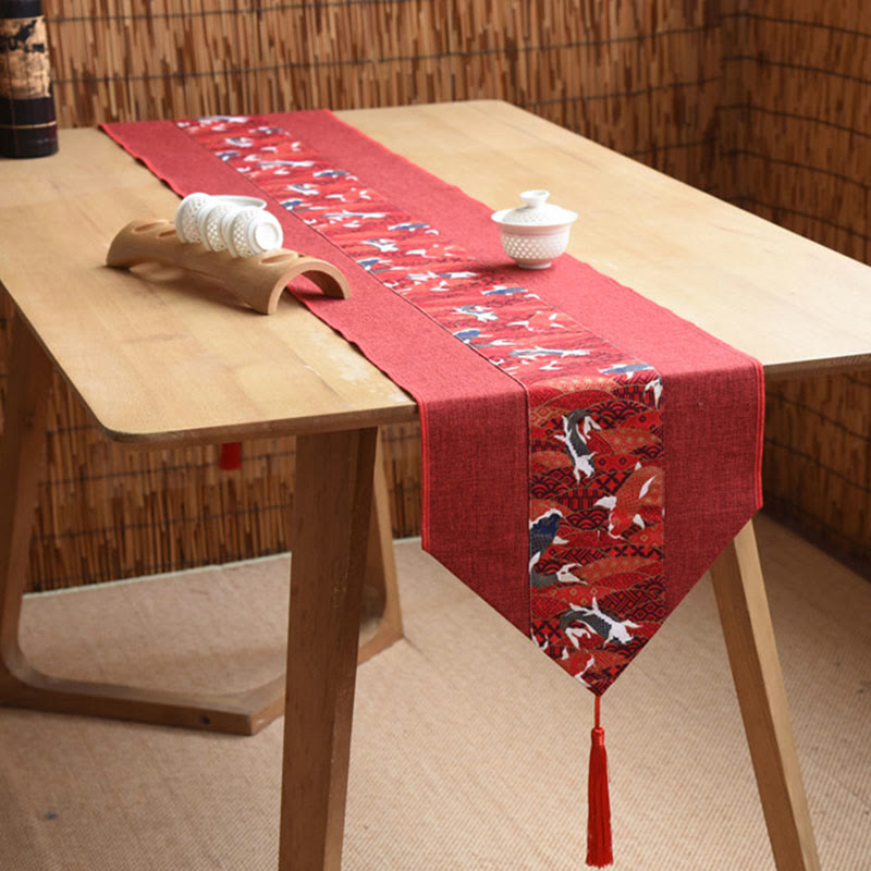Buddha Stones Classic Chinese Style Lotus Koi Fish Flower Crane Calligraphy Enlightenment Cotton Linen Tassels Table Runner - image 18