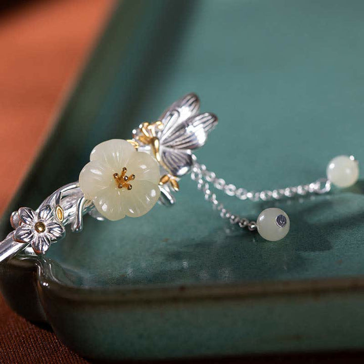 Buddha Stones 925 Sterling Silver Hetian White Jade Flower Blessing Hairpin - image 10