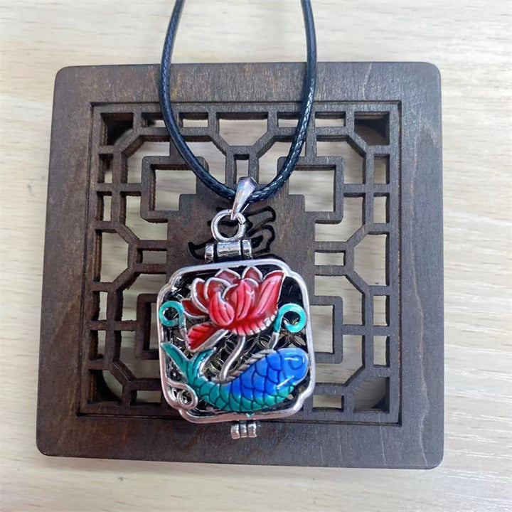 Buddha Stones Koi Fish Lotus Copper Coins Luck Ghau Prayer Box Necklace Pendant - Lotus Koi Fish&Leather Cord - image 6