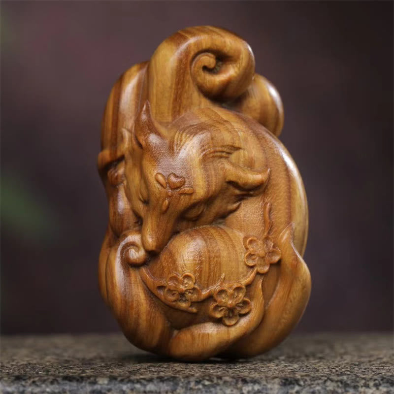 Buddha Stones Mini Nine Tailed Fox Green Sandalwood Peace Decoration Car Hanging Decoration - Large Green Sandalwood Nine-Tailed Fox 6.8*4.1*2.9cm - image 0