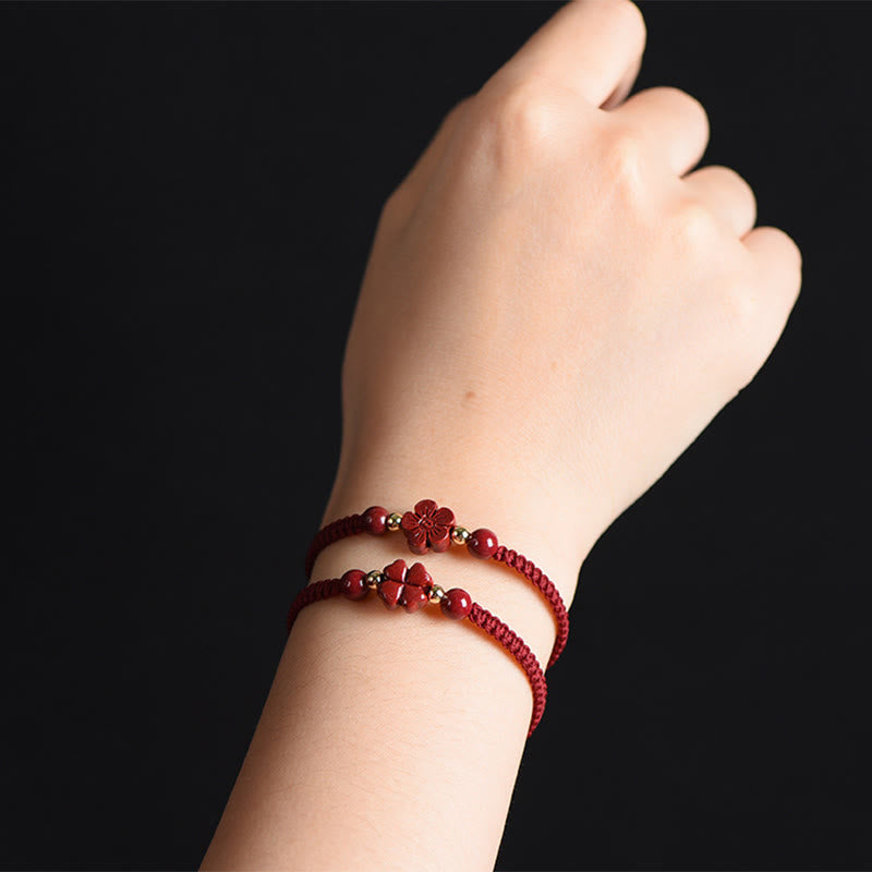 Buddha Stones Four Leaf Clover Five-petal Flower Cinnabar Blessing Red String Bracelet - image 2