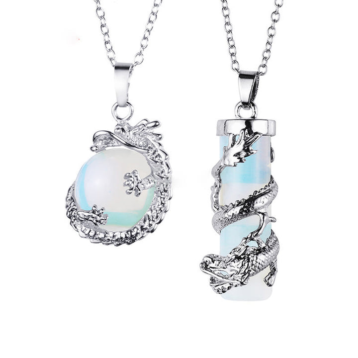 Buddha Stones 2pc Dragon Wrapped Round Ball Gemstone Couple Necklace Pendant - Opal - image 8