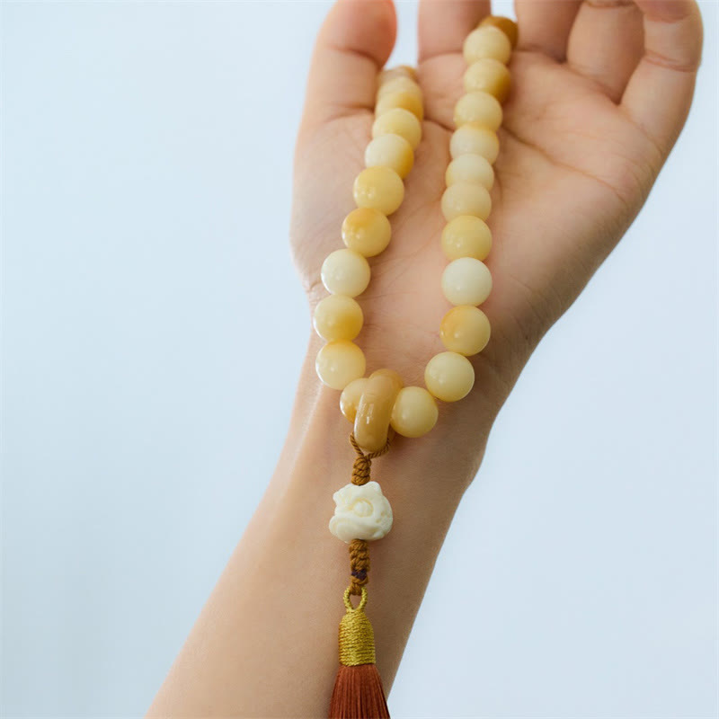 Buddha Stones Natural Bodhi Seed Ivory Fruit Dancing Lion Charm Harmony Tassel Wrist Mala - image 3