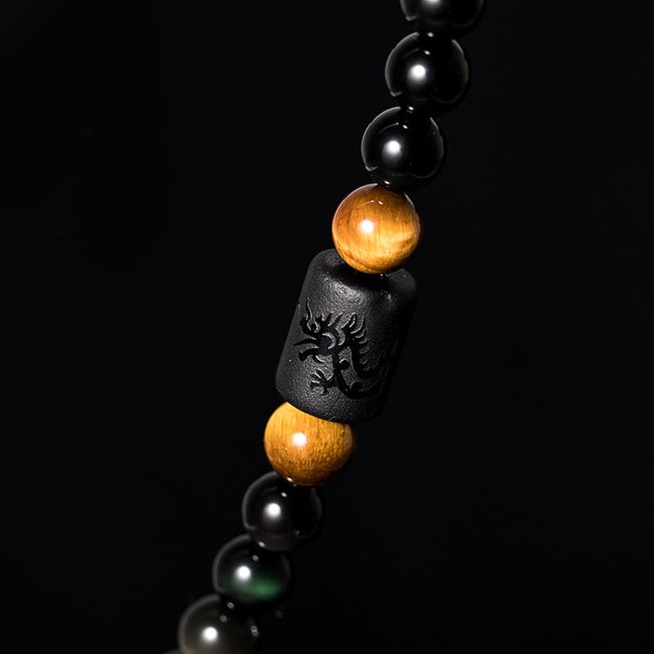 Buddha Stones Natural Black Obsidian Rainbow Obsidian Gourd Blessing Bracelet Mala - image 8
