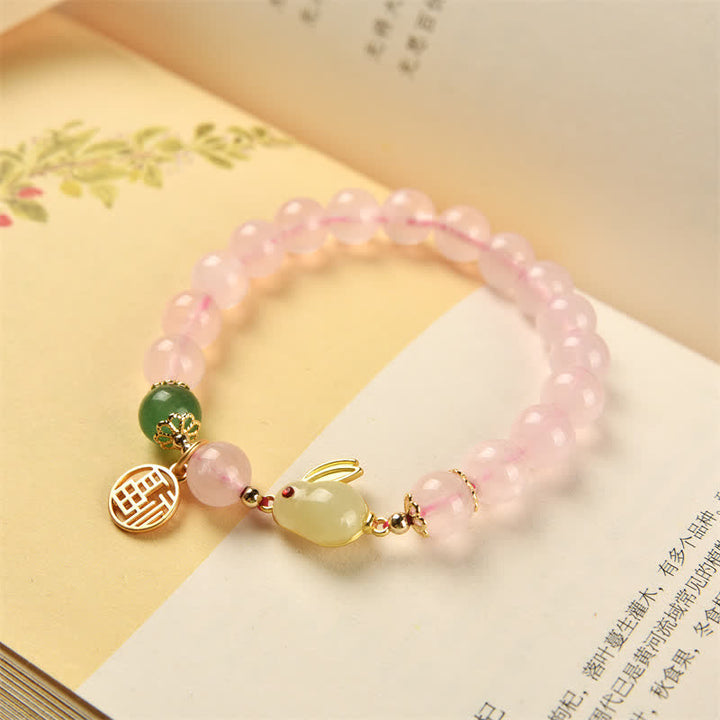 Year of the Rabbit Natural Pink Crystal Green Agate Bunny Love Happiness Bracelet - image 4