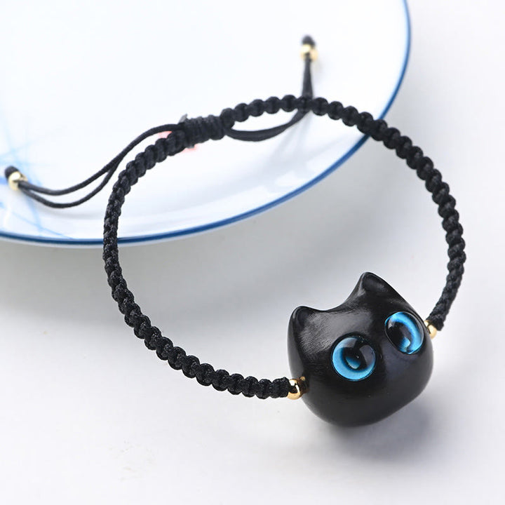 Buddha Stones Small Leaf Red Sandalwood Ebony Wood Cute Cat Head Calm Protection Braided Bracelet - Ebony Wood(Balance♥Calm)(Wrist Circumference 14-16cm) - image 10
