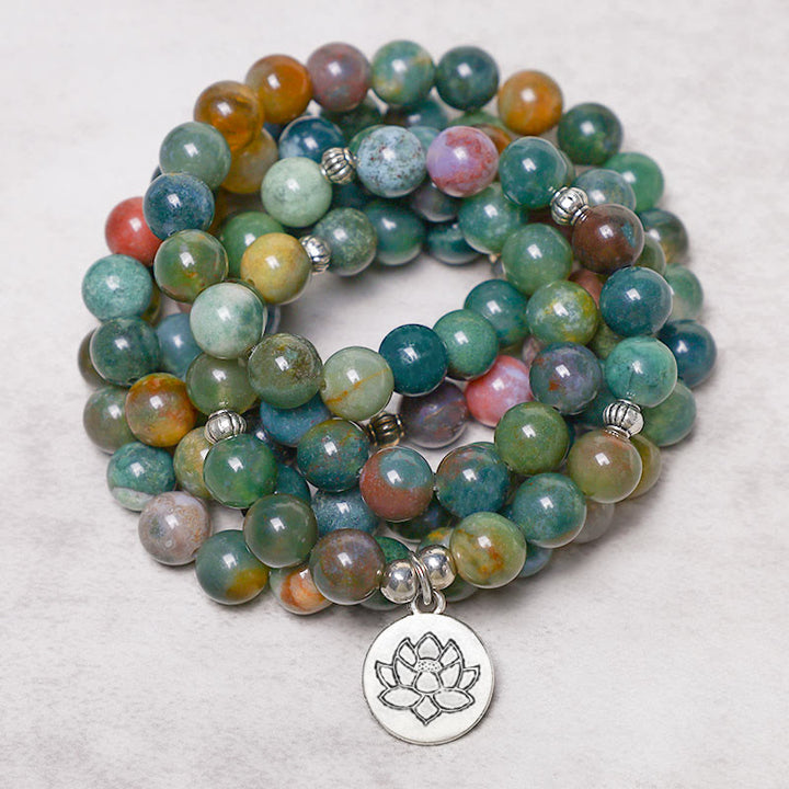 Buddha Stones 108 Mala Beads Indian Agate Lotus OM Buddha Tree of life Positive Calm Bracelet - Lotus (ENLIGHTENMENT ♥ NEW BEGINNINGS) - image 0