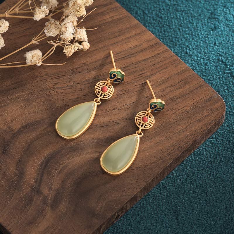 Buddha Stones FengShui Jade Double Happiness Fortune Earrings - image 1