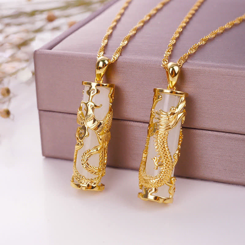 Buddha Stones Jade Dragon Phoenix Copper Blessing Harmony Necklace Pendant - image 1