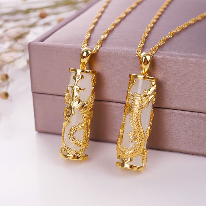 Buddha Stones Jade Dragon Phoenix Copper Blessing Harmony Necklace Pendant - image 1