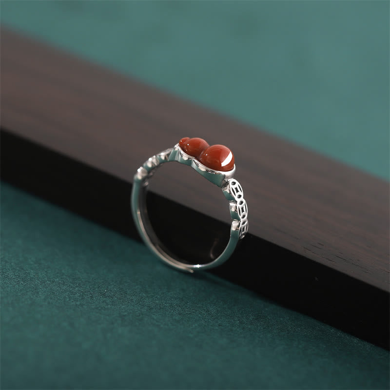 Buddha Stones 925 Sterling Silver Red Agate Gourd Copper Coin Self-acceptance Ring - image 2