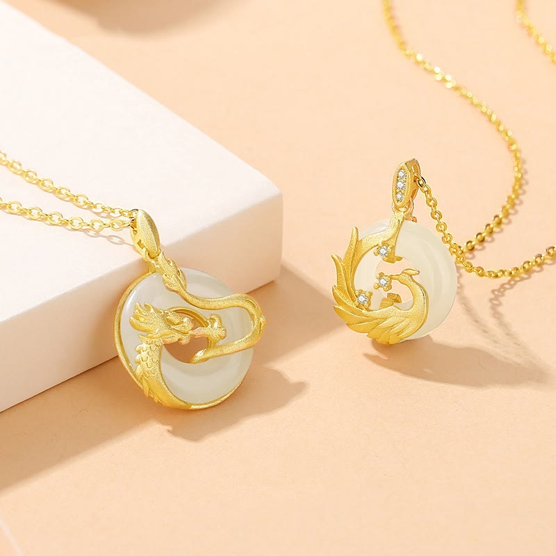 Buddha Stones 925 Sterling Silver Year of the Dragon Hetian Jade Golden Dragon Phoenix Peace Buckle Luck Necklace Pendant - image 1
