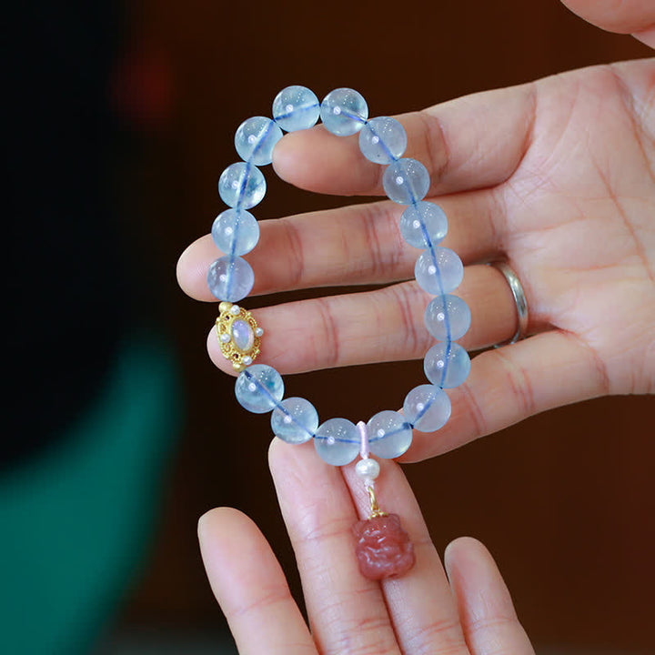 Buddha Stones Natural Aquamarine Red Agate Pearl Beads Healing Charm Bracelet - image 1