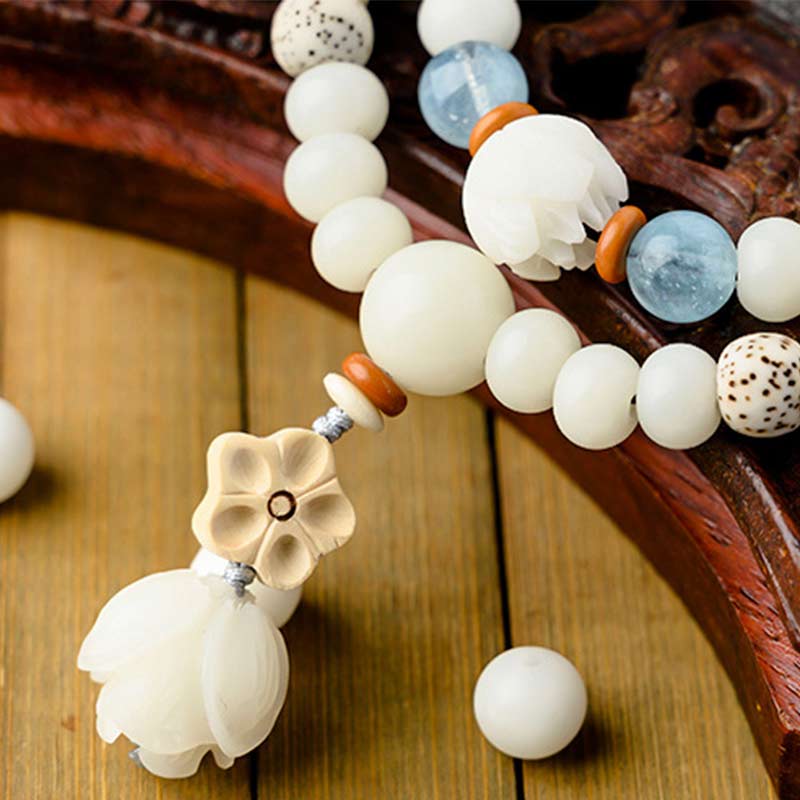 Buddha Stones Tibetan White Jade Bodhi Lotus Blessing Bracelet - image 5