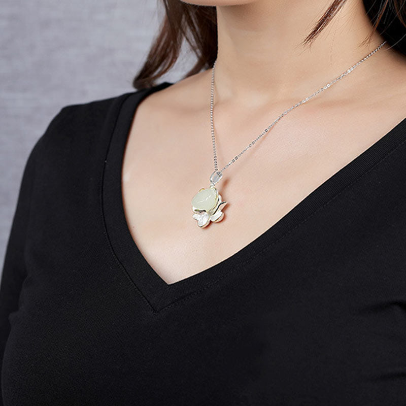 Buddha Stones White Jade Lotus Flower Happiness Necklace - image 3