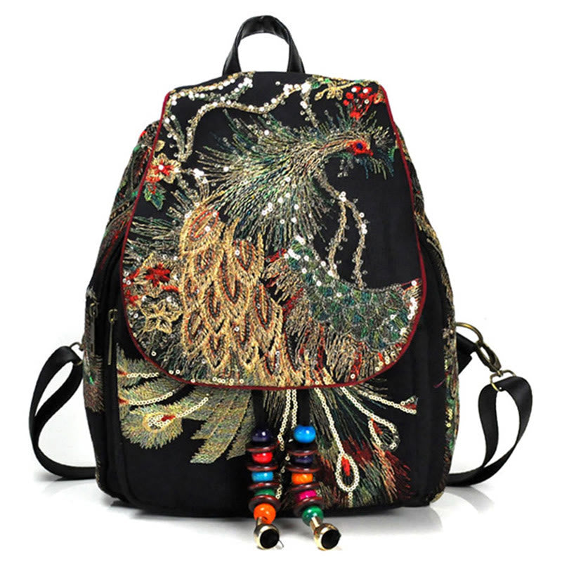 Buddha Stones Peacock Embroidery Canvas Tassel Backpack - Black Peacock - image 0