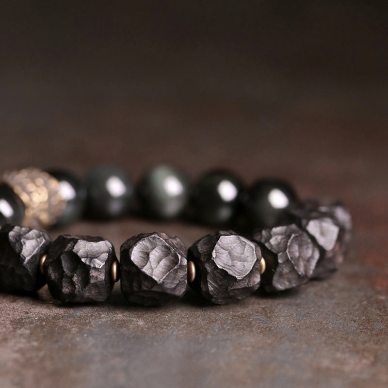 Buddha Stones Black Obsidian Ebony Wood Copper Strength Couple Bracelet - image 9