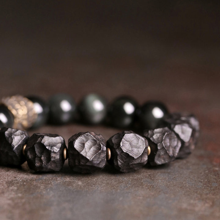 Buddha Stones Black Obsidian Ebony Wood Copper Strength Couple Bracelet - image 9