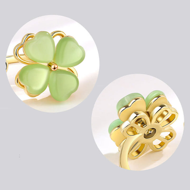 Buddha Stones Cat's Eye Four Leaf Clover Zircon Love Rotatable Ring - image 6