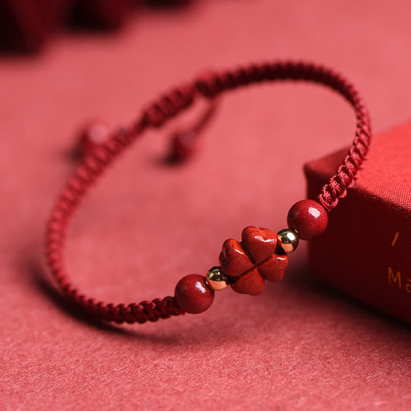 Buddha Stones Four Leaf Clover Five-petal Flower Cinnabar Blessing Red String Bracelet - image 3