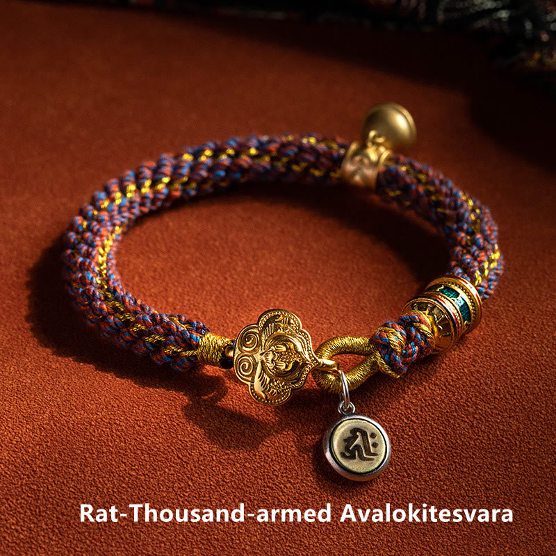 Buddha Stones 925 Sterling Silver Chinese Zodiac Natal Buddha Om Mani Padme Hum Luck Bell Braided String Bracelet - Rat-Thousand-armed Avalokitesvara - 17-19cm - image 1