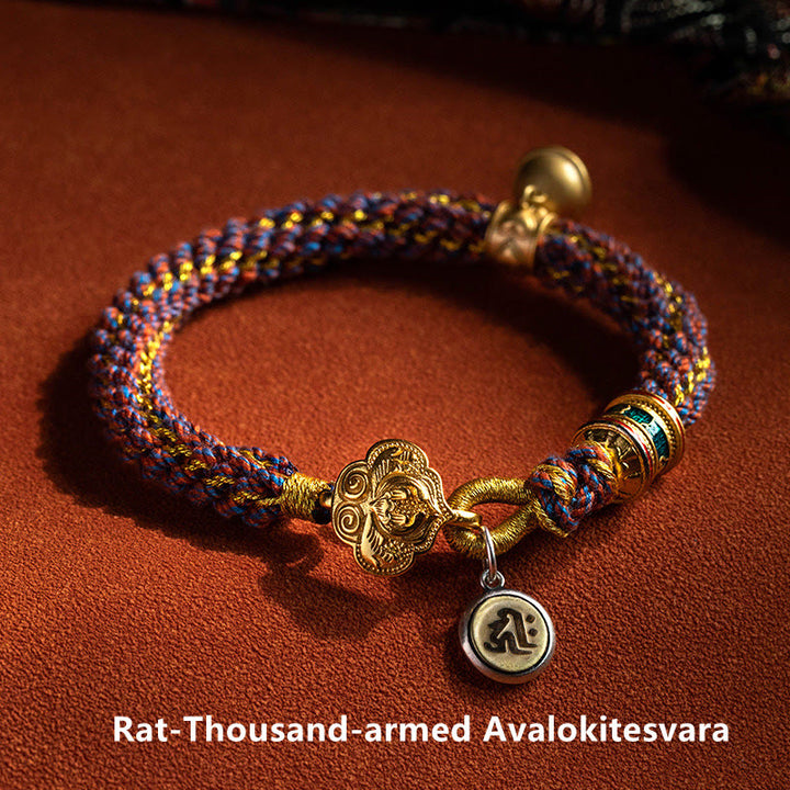 Buddha Stones 925 Sterling Silver Chinese Zodiac Natal Buddha Om Mani Padme Hum Luck Bell Braided String Bracelet - Rat-Thousand-armed Avalokitesvara - 17-19cm - image 1