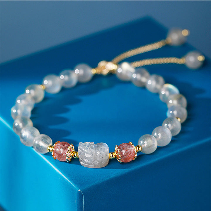 Buddha Stones Aquamarine Strawberry Quartz Amethyst Moonstone PiXiu Healing Bracelet - Moonstone (Love ♥ Calm) - image 12