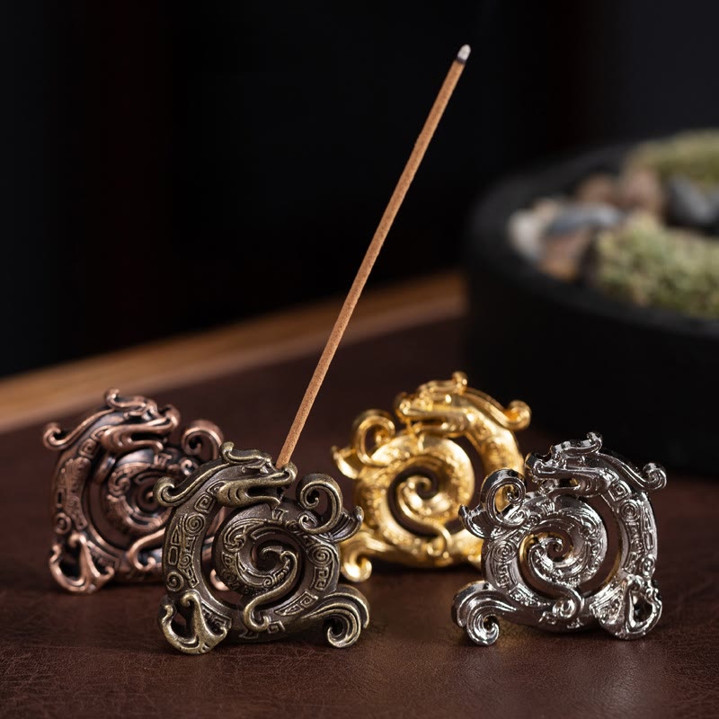 Buddha Stones Mini Auspicious Dragon Pattern Meditation Zinc Alloy Small Incense Stick Burner - image 0