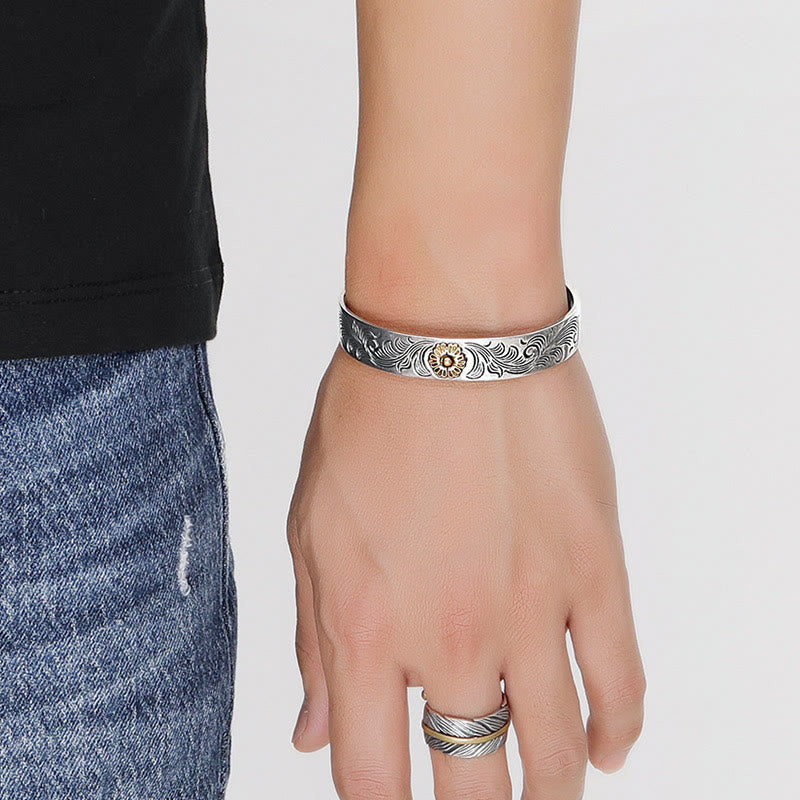 Buddha Stones Tang Dynasty Flower Design Rose Flower Feather Carved Copper Luck Bracelet Bangle - image 5