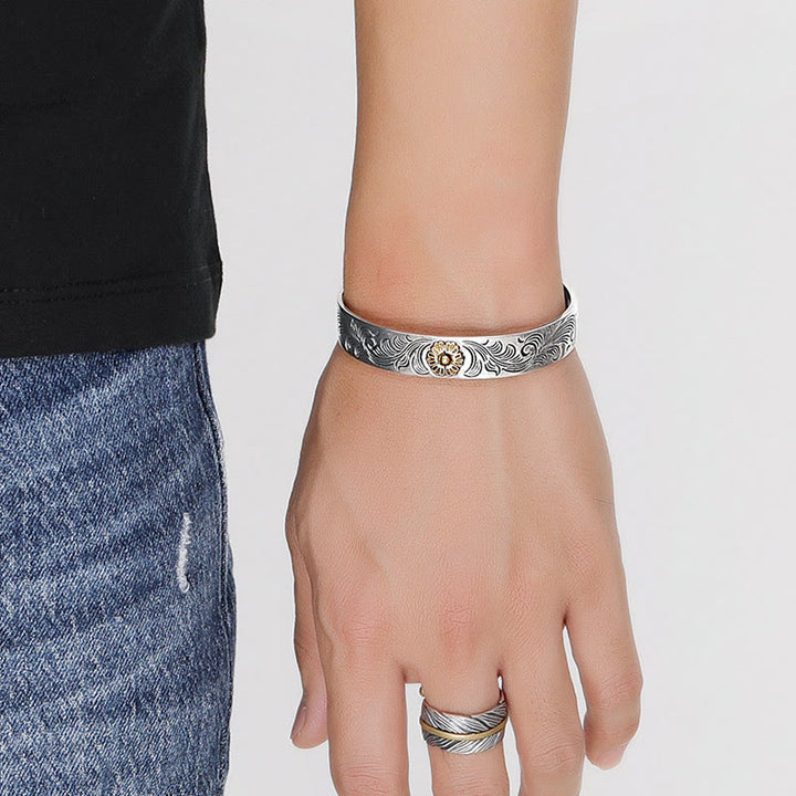 Buddha Stones Tang Dynasty Flower Design Rose Flower Feather Carved Copper Luck Bracelet Bangle - image 5