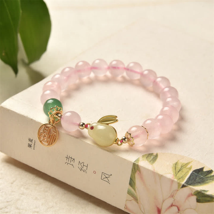 Year of the Rabbit Natural Pink Crystal Green Agate Bunny Love Happiness Bracelet - image 0