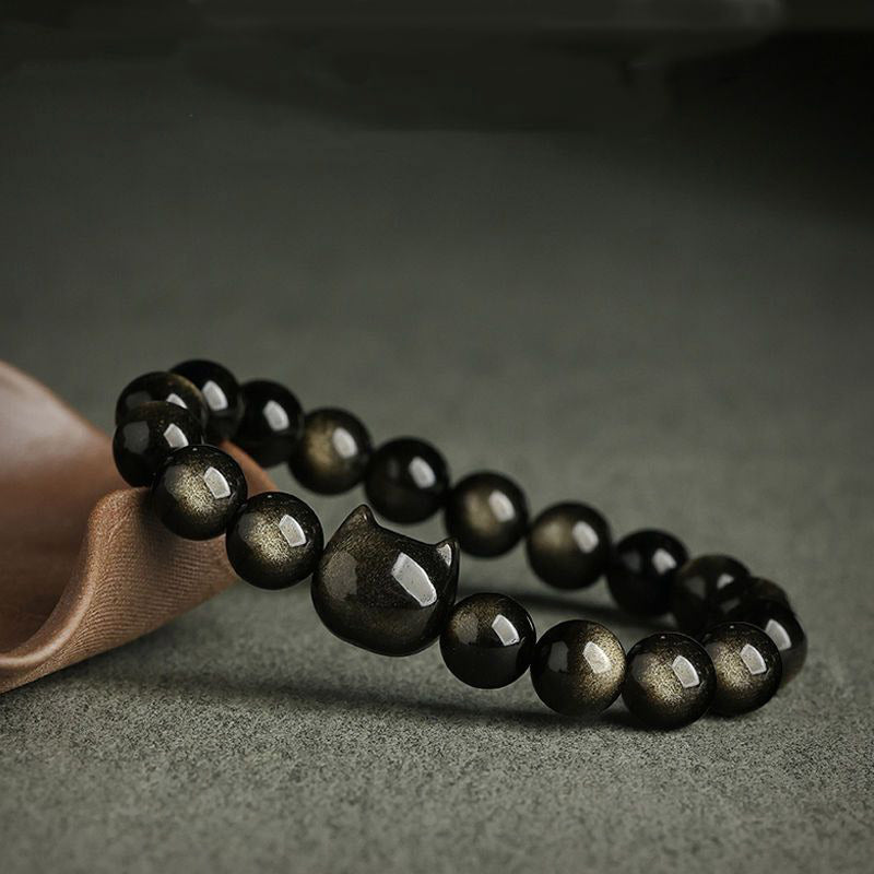Buddha Stones Gold Sheen Obsidian Silver Sheen Obsidian Lovely Paw Lucky Cat Protection Bracelet - image 8