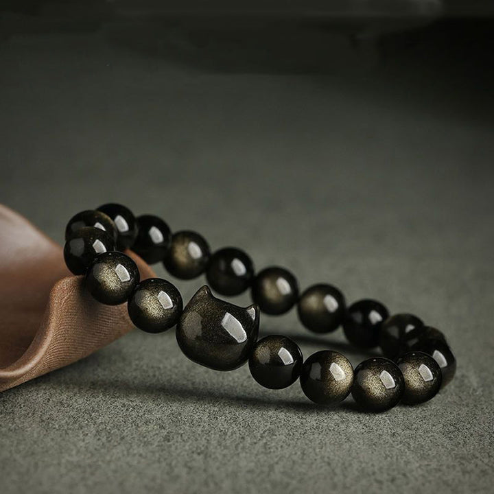Buddha Stones Gold Sheen Obsidian Silver Sheen Obsidian Lovely Paw Lucky Cat Protection Bracelet - image 8