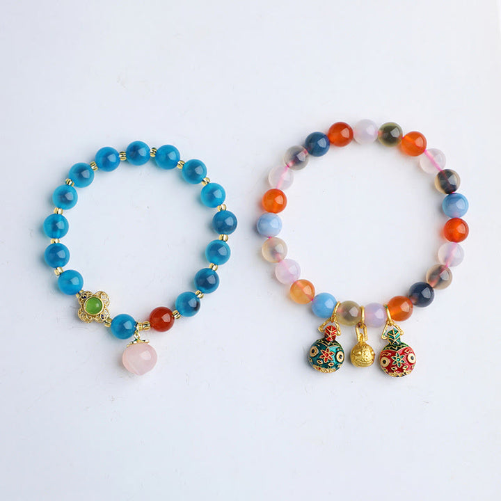 Buddha Stones Colorful Candy Agate Gold Swallowing Beast Family Peach Harmony Charm Bracelet - image 6