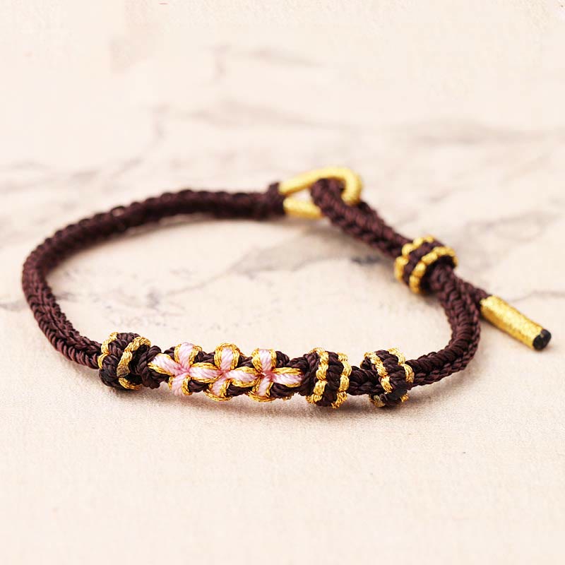 Buddha Stones Handmade Three Peach Blossoms Luck Eight Strands Braided String Bracelet - Brown(Wrist Circumference 14-19cm) - image 15