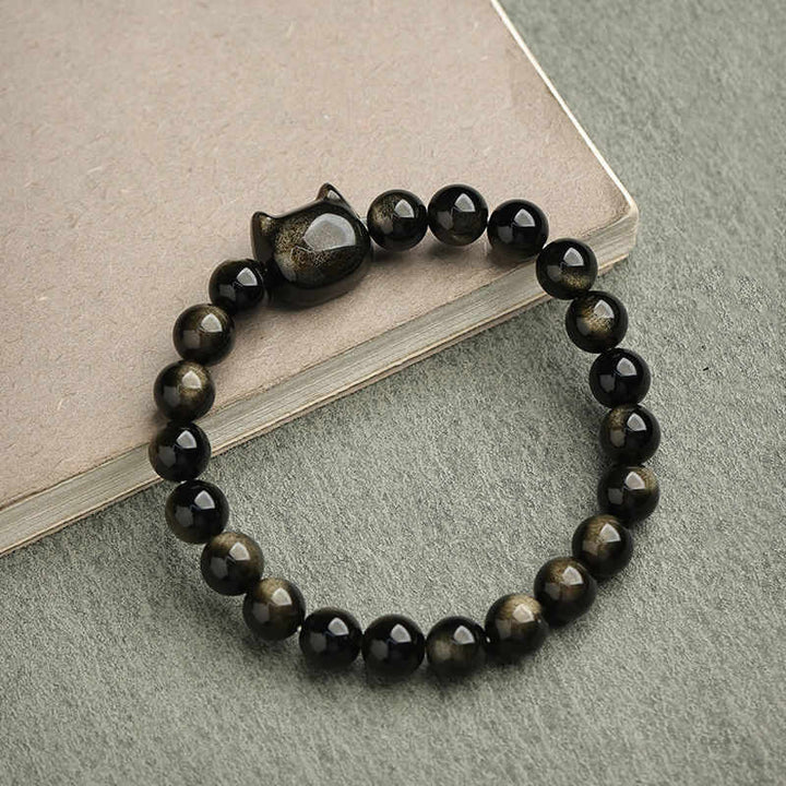 Buddha Stones Gold Sheen Obsidian Silver Sheen Obsidian Lovely Paw Lucky Cat Protection Bracelet - image 9