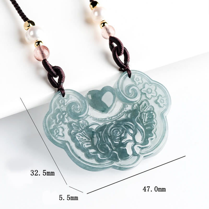 Buddha Stones Natural Jade Peony Flower Lock of Good Wishes Prosperity Necklace Pendant - image 8