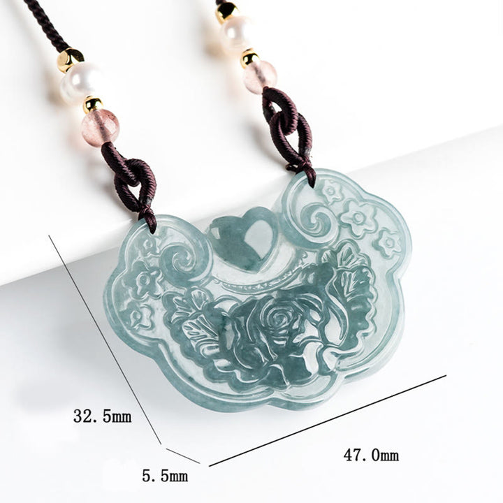 Buddha Stones Natural Jade Peony Flower Lock of Good Wishes Prosperity Necklace Pendant - image 8