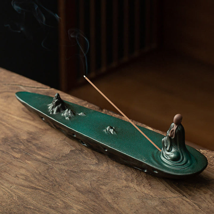 Buddha Monk Ceramic Sea Wave Mountain Blessing Incense Burner Decoration - Green 32*6.6*8cm - image 16