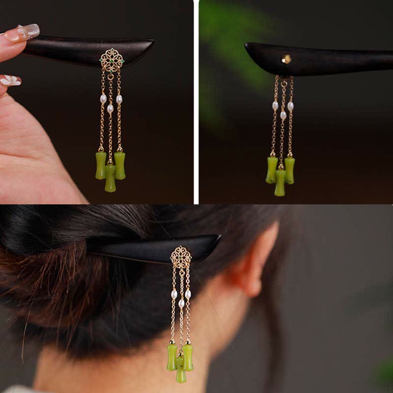 Buddha Stones Natural Peridot Ebony Wood Love Tassels Hairpin - image 6