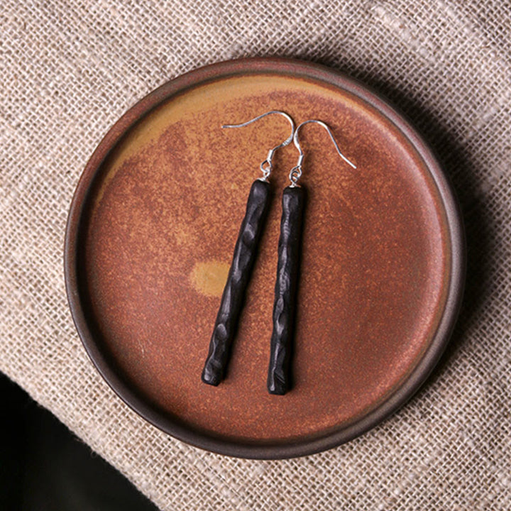 Buddha Stones 925 Sterling Silver Ebony Wood Texture Balance Peace Drop Dangle Earrings - image 9